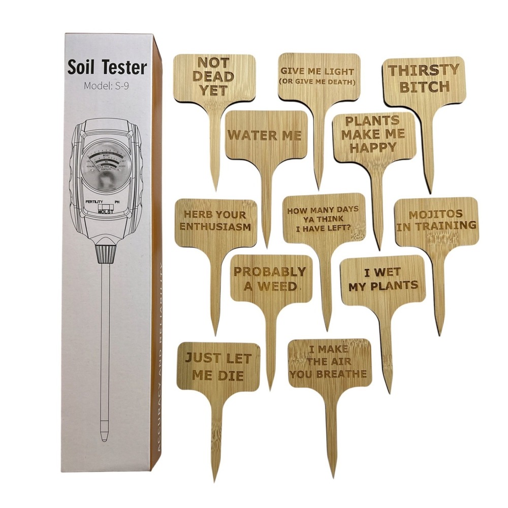 3-in-1 Soil Tester S-9 Moisture pH Fertility & 12 Funny Bamboo Plant Markers Set